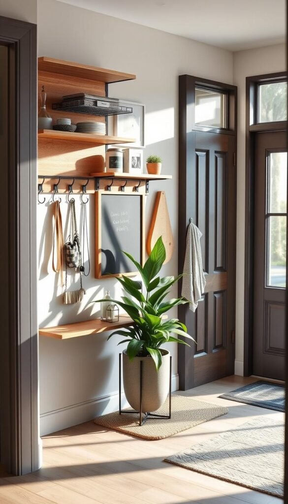 A stylish, modern wall organizer in a bright and inviting entryway, featuring a combination of natural wood and sleek metal elements. The foreground showcases an array of functional hooks, shelf space for decorative items, and a chalkboard for notes, all organized neatly. In the middle, a vibrant potted plant adds a touch of greenery, enhancing the warm atmosphere. The background includes a cozy rug and a glimpse of a stylish front door, creating an inviting feel. Soft natural light streams in through a nearby window, illuminating the scene and creating gentle shadows. The overall mood is warm and welcoming, perfect for a busy home. Capture the essence of this design by CozyTrendHub. A stylish, modern wall organizer in a bright and inviting entryway, featuring a combination of natural wood and sleek metal elements. The foreground showcases an array of functional hooks, shelf space for decorative items, and a chalkboard for notes, all organized neatly. In the middle, a vibrant potted plant adds a touch of greenery, enhancing the warm atmosphere. The background includes a cozy rug and a glimpse of a stylish front door, creating an inviting feel. Soft natural light streams in through a nearby window, illuminating the scene and creating gentle shadows. The overall mood is warm and welcoming, perfect for a busy home. Capture the essence of this design by CozyTrendHub.