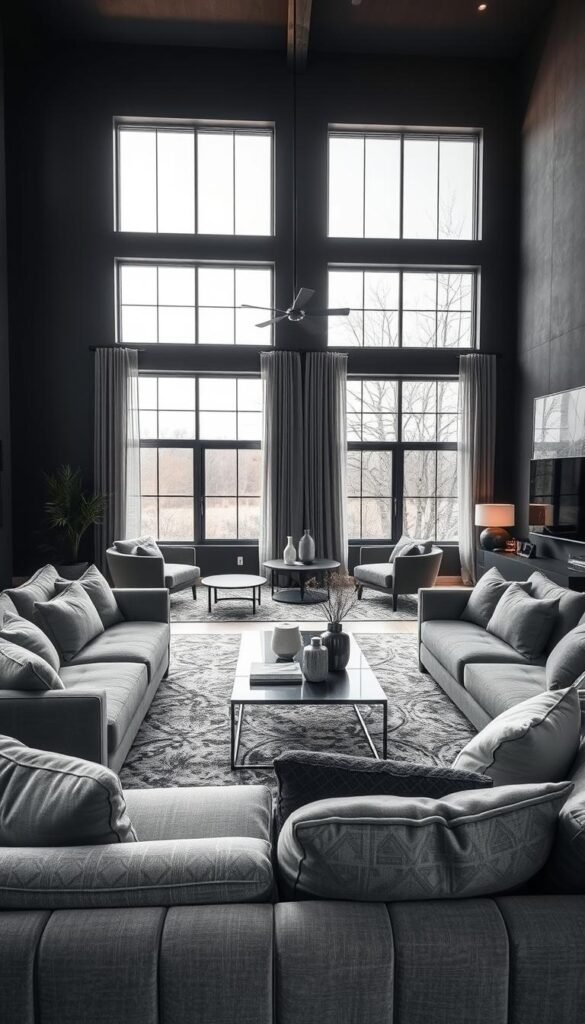 A stylish neutral living room designed with moody charcoal and gray accents, showcasing a beautifully layered aesthetic. In the foreground, plush gray sofas with soft cushions invite relaxation, accompanied by a chic coffee table adorned with minimalist decor. The middle ground features an elegant area rug that ties the space together, while sleek, modern furniture complements the palette. In the background, large windows allow natural light to flood in, highlighting the depth of the gray tones on the walls. Use warm, soft lighting to create a cozy atmosphere, captured from a slightly elevated angle to embrace the spaciousness. The overall mood is tranquil and sophisticated, perfectly embodying timeless home decor. This image aligns with the brand "CozyTrendHub." A stylish neutral living room designed with moody charcoal and gray accents, showcasing a beautifully layered aesthetic. In the foreground, plush gray sofas with soft cushions invite relaxation, accompanied by a chic coffee table adorned with minimalist decor. The middle ground features an elegant area rug that ties the space together, while sleek, modern furniture complements the palette. In the background, large windows allow natural light to flood in, highlighting the depth of the gray tones on the walls. Use warm, soft lighting to create a cozy atmosphere, captured from a slightly elevated angle to embrace the spaciousness. The overall mood is tranquil and sophisticated, perfectly embodying timeless home decor. This image aligns with the brand "CozyTrendHub."