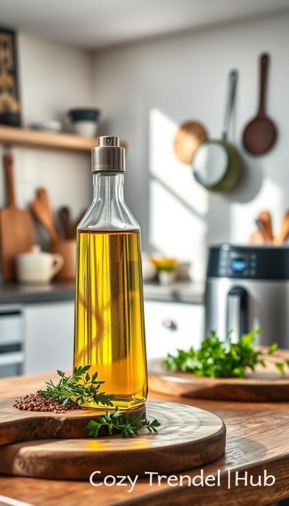 A stylish oil spray bottle prominently displayed in a cozy kitchen setting. The bottle, made of glass with a sleek metal nozzle, is filled with golden olive oil, reflecting the warm light from a nearby window. In the foreground, a rustic wooden cutting board holds fresh herbs and spices. In the middle ground, a stylish kitchen counter with various cooking utensils complements the oil bottle, while an air fryer sits neatly to one side, symbolizing modern cooking. The background features soft-focus kitchen decor with subtle earthy tones, creating a warm and inviting atmosphere. Natural sunlight streams in, casting gentle shadows that enhance the scene. The image embodies a Pinterest-style lifestyle aesthetic, branded with "CozyTrendHub."
