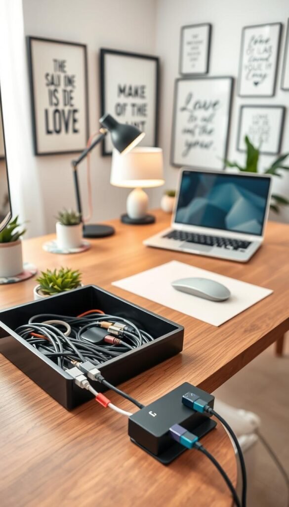 A stylish, organized home office desk showcasing effective cord management solutions. In the foreground, a sleek wooden desk features a cable management box neatly concealing wires, and colorful cable clips securing power cords along the desk edge. Potted plants and decorative coasters add a touch of warmth. In the middle, a modern laptop sits open on a pastel-colored mouse pad, while a minimalistic lamp casts soft, inviting light. The background shows a soft-focus wall adorned with framed art and motivational quotes, enhancing the workspace's ambiance. The overall atmosphere is serene and purposeful, reflecting an intentional design aesthetic. Capture this scene in bright, natural lighting, using a wide-angle lens for a spacious feel, embodying the essence of CozyTrendHub’s elegant work-from-home decor style. A stylish, organized home office desk showcasing effective cord management solutions. In the foreground, a sleek wooden desk features a cable management box neatly concealing wires, and colorful cable clips securing power cords along the desk edge. Potted plants and decorative coasters add a touch of warmth. In the middle, a modern laptop sits open on a pastel-colored mouse pad, while a minimalistic lamp casts soft, inviting light. The background shows a soft-focus wall adorned with framed art and motivational quotes, enhancing the workspace's ambiance. The overall atmosphere is serene and purposeful, reflecting an intentional design aesthetic. Capture this scene in bright, natural lighting, using a wide-angle lens for a spacious feel, embodying the essence of CozyTrendHub’s elegant work-from-home decor style.