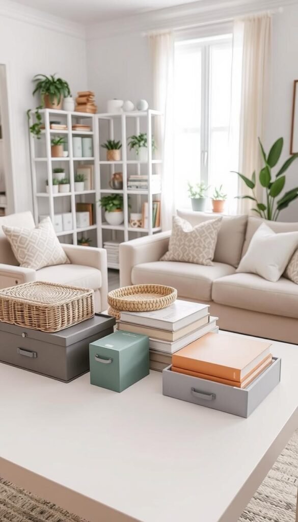 A stylish, organized living room showcasing various budget-friendly organization products from "CozyTrendHub". In the foreground, a modern coffee table neatly arranged with decorative storage boxes, a woven basket, and a stack of color-coordinated books. The middle ground features a well-organized bookshelf filled with containers and plants, while a cozy couch adorned with matching cushions adds warmth. In the background, a bright window drapes natural light across the scene, highlighting the subtle textures of the decor. The atmosphere is inviting and inspiring, perfect for a cozy home. The scene captures a harmonious blend of functionality and aesthetics, ideal for tackling real-life clutter problems. Soft, diffused lighting enhances the overall ambiance with a focus on creating a serene, clutter-free environment.