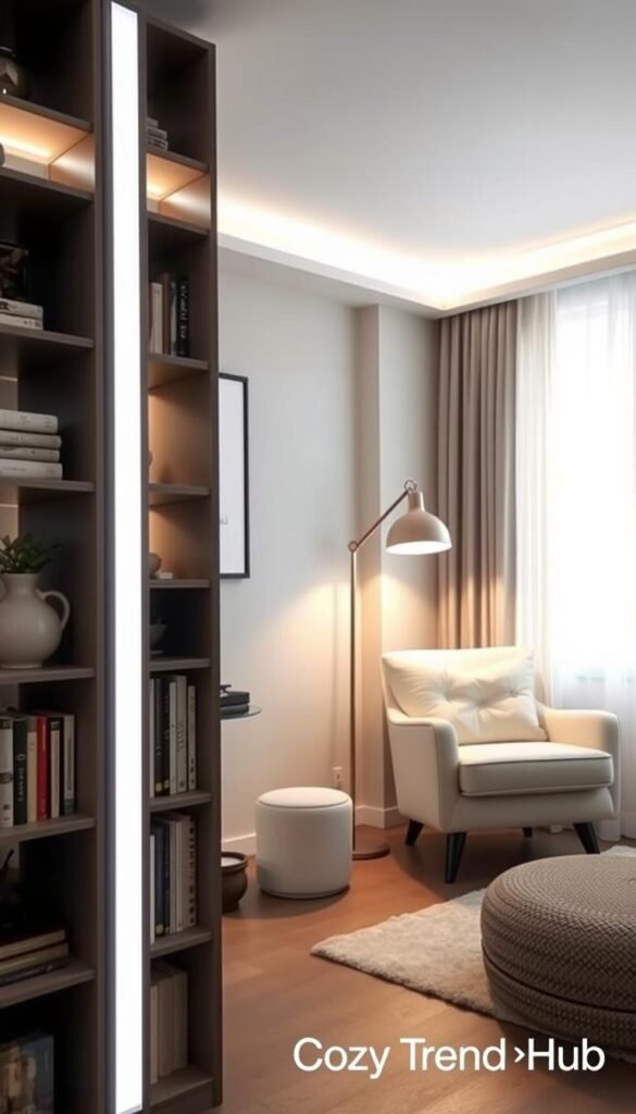 A stylish, organized small room featuring innovative lighting storage solutions to avoid clutter. In the foreground, a neatly arranged bookshelf with integrated LED strip lighting highlighting decorative items. In the middle, a cozy reading nook with a soft, plush armchair and a sleek floor lamp, casting warm light across the space. The walls are painted in soft pastels, enhancing the feeling of openness. The background includes a large window draped with light, airy curtains that allow natural light to flood in. Overall, the atmosphere should be inviting and serene, promoting a sense of spaciousness. This scene embodies the ideal aesthetic for small-space decor, reflecting the brand CozyTrendHub. A stylish, organized small room featuring innovative lighting storage solutions to avoid clutter. In the foreground, a neatly arranged bookshelf with integrated LED strip lighting highlighting decorative items. In the middle, a cozy reading nook with a soft, plush armchair and a sleek floor lamp, casting warm light across the space. The walls are painted in soft pastels, enhancing the feeling of openness. The background includes a large window draped with light, airy curtains that allow natural light to flood in. Overall, the atmosphere should be inviting and serene, promoting a sense of spaciousness. This scene embodies the ideal aesthetic for small-space decor, reflecting the brand CozyTrendHub.