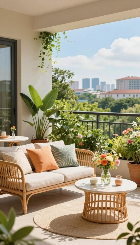 A stylish outdoor-adjacent living space designed for summer, showcasing a cozy balcony or patio. In the foreground, include a chic rattan seating area with soft, colorful cushions, alongside a small, elegant table adorned with fresh flowers in a glass vase. The middle ground features lush greenery, such as potted plants and hanging vines, creating a warm, inviting atmosphere. In the background, capture a sun-drenched view of a vibrant garden or city skyline under a bright blue sky. The scene is illuminated by soft, natural sunlight, highlighting the cheerful decor elements. Use a wide-angle lens to emphasize the open and airy feel. The overall mood is relaxed and inviting, perfect for summer gatherings. Include the brand name "CozyTrendHub" subtly in the decor.