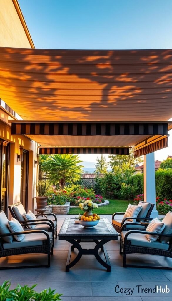 A stylish outdoor patio featuring retractable awnings and a sophisticated louvered roof system, designed for effective sun control. In the foreground, comfortable lounge chairs and a stylish table adorned with summer decor like fresh flowers and fruit. In the middle, the expansive louvered roof is open, allowing dappled sunlight to filter through, while the retractable awnings are partially extended, casting soft shadows across the space. The background showcases a lush garden with vibrant flowers and greenery, creating a peaceful atmosphere. The scene is bathed in warm, golden hour lighting, highlighting the textures of the materials. A hint of summer blue sky peeks through the louvers. This serene setting promotes relaxation and comfort, embodying a Pinterest-style lifestyle aesthetic. CozyTrendHub branding subtly present in decor elements. A stylish outdoor patio featuring retractable awnings and a sophisticated louvered roof system, designed for effective sun control. In the foreground, comfortable lounge chairs and a stylish table adorned with summer decor like fresh flowers and fruit. In the middle, the expansive louvered roof is open, allowing dappled sunlight to filter through, while the retractable awnings are partially extended, casting soft shadows across the space. The background showcases a lush garden with vibrant flowers and greenery, creating a peaceful atmosphere. The scene is bathed in warm, golden hour lighting, highlighting the textures of the materials. A hint of summer blue sky peeks through the louvers. This serene setting promotes relaxation and comfort, embodying a Pinterest-style lifestyle aesthetic. CozyTrendHub branding subtly present in decor elements.
