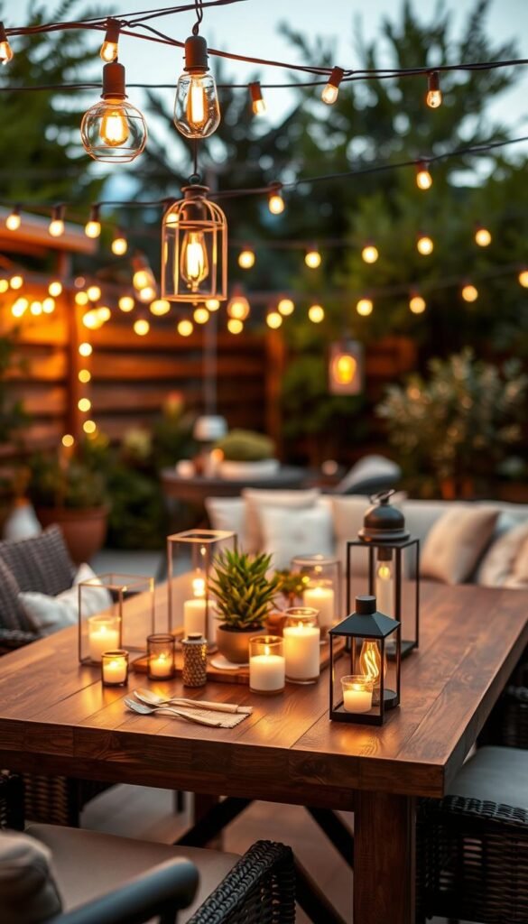 A stylish outdoor patio scene illuminated by elegant string lights and chic lanterns, showcasing a selection of various patio lights on display. In the foreground, focus on a sleek wooden table adorned with meticulous lighting arrangements, including a warm, inviting table setting featuring plants and decorative elements. The middle ground features a cozy seating area with plush cushions and subtle festive decor, hinting at joy and relaxation. In the background, a softly blurred garden provides lush greenery and a tranquil ambiance, adding depth to the scene. The image is bathed in golden hour lighting, creating warm tones and gentle shadows. This Pinterest-style lifestyle photo embodies a modern outdoor living space inspired by CozyTrendHub.