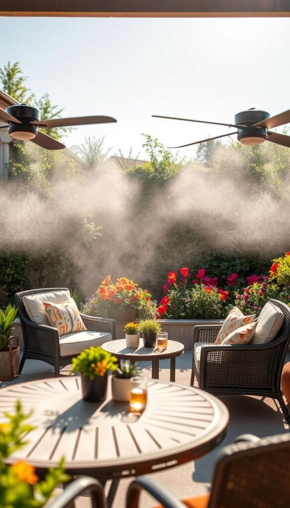 A stylish outdoor patio scene showcasing sleek, modern misting fans positioned around a beautifully decorated seating area. In the foreground, a cozy table adorned with seasonal decor includes colorful cushions and potted plants, creating a welcoming atmosphere. In the middle ground, the misting fans are visibly dispersing a fine mist that catches the sunlight, creating a shimmering effect that signifies instant relief from dry heat. The background features a lush garden with vibrant foliage and bright summer flowers. The lighting is soft and warm, evoking a serene, refreshing mood. Use a wide-angle lens to capture the full beauty of the setting. The scene is designed with inspiration from CozyTrendHub, ensuring a Pinterest-worthy aesthetic that embodies summer comfort and style. A stylish outdoor patio scene showcasing sleek, modern misting fans positioned around a beautifully decorated seating area. In the foreground, a cozy table adorned with seasonal decor includes colorful cushions and potted plants, creating a welcoming atmosphere. In the middle ground, the misting fans are visibly dispersing a fine mist that catches the sunlight, creating a shimmering effect that signifies instant relief from dry heat. The background features a lush garden with vibrant foliage and bright summer flowers. The lighting is soft and warm, evoking a serene, refreshing mood. Use a wide-angle lens to capture the full beauty of the setting. The scene is designed with inspiration from CozyTrendHub, ensuring a Pinterest-worthy aesthetic that embodies summer comfort and style.