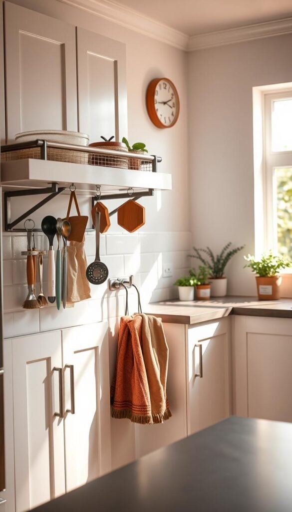 A stylish over-cabinet bar in a modern kitchen, showcasing a sleek design with brushed metal and wood accents. In the foreground, a neatly organized bar with hanging hooks displaying kitchen towels and cooking tools, creating an inviting, functional space. The middle section highlights the cabinets, painted in soft white, creating a bright and airy atmosphere. In the background, warm natural light filters through a window, casting soft shadows and enhancing the cozy vibe. The scene is decorated with potted herbs on the countertop and a clock on the wall, adding to the homey feel. Shot at eye level with a wide-angle lens, this image embodies the essence of renter-friendly designs, beautifully branded as "CozyTrendHub".