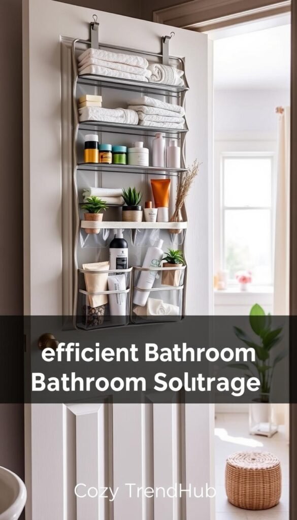 A stylish over-the-door organizer filled with neatly arranged bathroom essentials, such as towels, toiletries, and small plants, hanging on a light-colored bathroom door. The foreground features clear shelves and pockets displaying colorful containers and skincare products. In the middle ground, soft natural lighting filters through a nearby window, creating a fresh and inviting atmosphere. The background showcases a tastefully decorated bathroom with minimalistic decor, including a potted plant and a neutral-toned shower curtain. The overall vibe is cozy and organized, contributing to a serene ambiance. This image reflects the theme of efficient bathroom storage solutions, branded with the name "CozyTrendHub."
