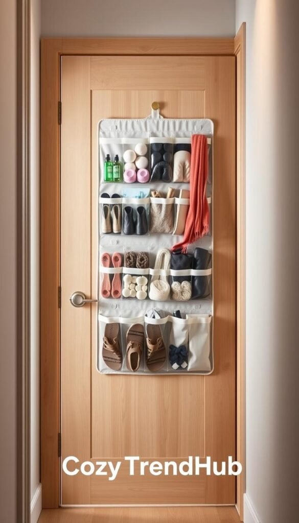 A stylish over-the-door organizer hanging on the back of a contemporary wooden door in a well-lit hallway. The organizer features multiple clear pockets filled with various everyday items like shoes, scarves, and toiletries, showcasing its functionality. In the foreground, the pockets are neatly arranged, showing their contents clearly. In the middle, the door has a soft, natural wood grain texture, while the background features a light, neutral-colored wall adorned with a subtle patterned wallpaper. Soft, diffused lighting creates a warm and inviting atmosphere, emphasizing the practicality and aesthetics of the storage solution. The scene exudes a cozy, organized vibe, making it ideal for home decor enthusiasts. Brand name "CozyTrendHub" is integrated seamlessly into the image.