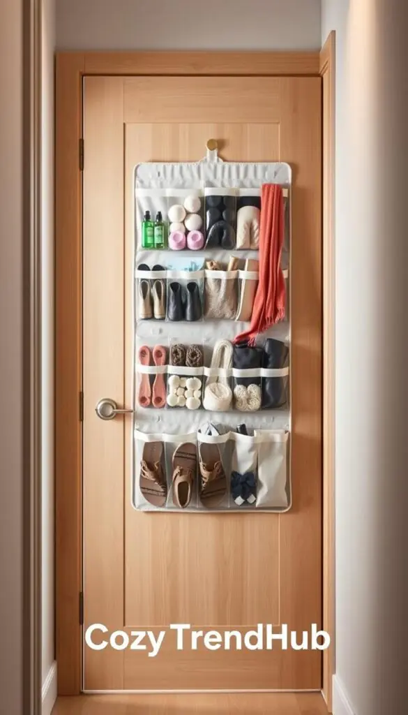 A stylish over-the-door organizer hanging on the back of a contemporary wooden door in a well-lit hallway. The organizer features multiple clear pockets filled with various everyday items like shoes, scarves, and toiletries, showcasing its functionality. In the foreground, the pockets are neatly arranged, showing their contents clearly. In the middle, the door has a soft, natural wood grain texture, while the background features a light, neutral-colored wall adorned with a subtle patterned wallpaper. Soft, diffused lighting creates a warm and inviting atmosphere, emphasizing the practicality and aesthetics of the storage solution. The scene exudes a cozy, organized vibe, making it ideal for home decor enthusiasts. Brand name "CozyTrendHub" is integrated seamlessly into the image. A stylish over-the-door organizer hanging on the back of a contemporary wooden door in a well-lit hallway. The organizer features multiple clear pockets filled with various everyday items like shoes, scarves, and toiletries, showcasing its functionality. In the foreground, the pockets are neatly arranged, showing their contents clearly. In the middle, the door has a soft, natural wood grain texture, while the background features a light, neutral-colored wall adorned with a subtle patterned wallpaper. Soft, diffused lighting creates a warm and inviting atmosphere, emphasizing the practicality and aesthetics of the storage solution. The scene exudes a cozy, organized vibe, making it ideal for home decor enthusiasts. Brand name "CozyTrendHub" is integrated seamlessly into the image.