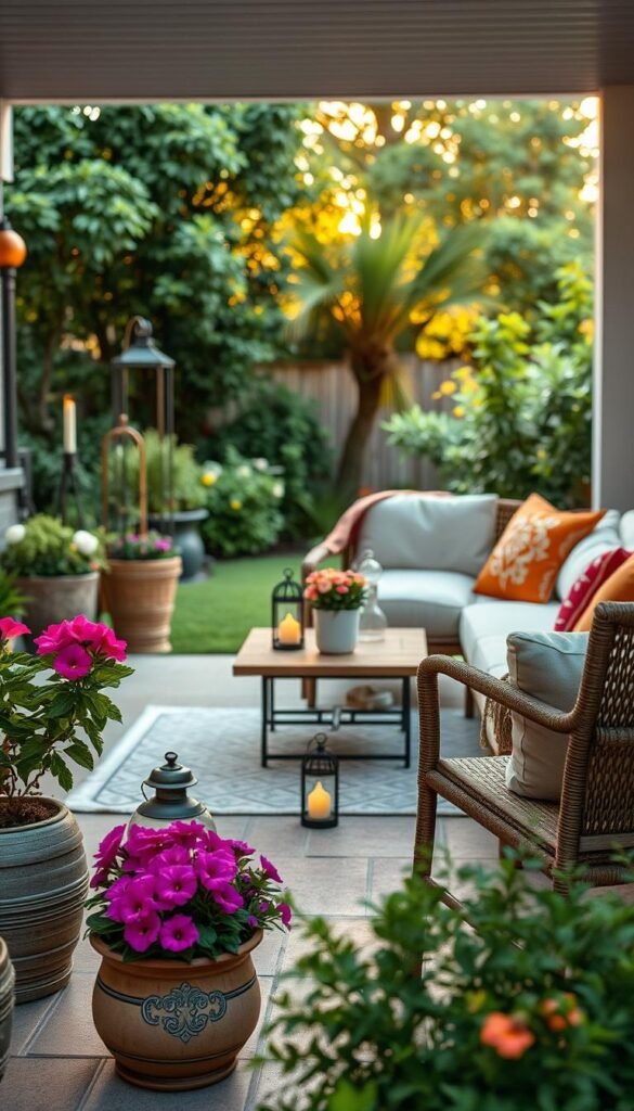 A stylish patio living space designed for summer relaxation, featuring a cozy seating area with plush, colorful cushions and a low coffee table. In the foreground, include potted plants with vibrant flowers and a charming lantern casting a warm glow. The middle ground showcases a small outdoor rug and a decorative throw draped over a chair, enhancing the inviting atmosphere. In the background, a lush green garden is visible, bathed in soft, golden sunset light, creating a tranquil mood. The scene is shot from a slightly elevated angle, using a wide lens to capture the entire space, emphasizing the connection between indoor and outdoor living. The overall ambiance is relaxed and welcoming, perfect for summer evenings. Styled by CozyTrendHub.