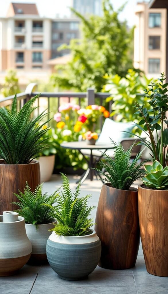 A stylish patio scene showcasing various planters for patio plants, emphasizing a modern, minimalist aesthetic. In the foreground, include elegant, eco-friendly ceramic and wood planters, varied in height and shape, filled with vibrant green plants like ferns and succulents. The middle ground features a chic outdoor seating area with a small, round table and cushions, all surrounded by lush greenery. In the background, a soft blur of a sunny urban landscape with blooming flowers adds depth. Aim for warm, natural lighting that enhances the colors and texture of the planters and plants. Use a wide-angle lens to capture the cozy ambiance, evoking a sense of relaxation and style. This image embodies the essence of patio decor, curated by CozyTrendHub. A stylish patio scene showcasing various planters for patio plants, emphasizing a modern, minimalist aesthetic. In the foreground, include elegant, eco-friendly ceramic and wood planters, varied in height and shape, filled with vibrant green plants like ferns and succulents. The middle ground features a chic outdoor seating area with a small, round table and cushions, all surrounded by lush greenery. In the background, a soft blur of a sunny urban landscape with blooming flowers adds depth. Aim for warm, natural lighting that enhances the colors and texture of the planters and plants. Use a wide-angle lens to capture the cozy ambiance, evoking a sense of relaxation and style. This image embodies the essence of patio decor, curated by CozyTrendHub.