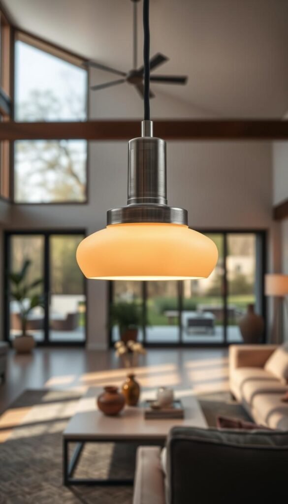 A stylish pendant light designed for modern open-concept living spaces, featuring a sleek metallic finish and a warm, diffused glass shade. In the foreground, the pendant hangs gracefully from a high ceiling, casting a soft glow over a cozy seating area. In the middle, a minimalist coffee table adorned with a few decorative items complements the pendant's elegance. In the background, an airy, inviting room with large windows allows natural light to filter through, creating a harmonious balance between indoor and outdoor living. The atmosphere is warm and welcoming, ideal for task lighting while entertaining or reading. Shot with a shallow depth of field to emphasize the pendant light, evoking a Pinterest-style aesthetic. Perfect for CozyTrendHub&rsquo;s home decor inspiration.