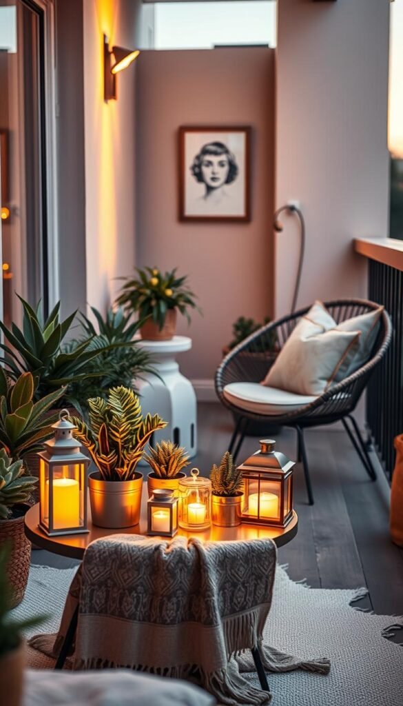 A stylish pet-friendly balcony decorated for a cozy evening with soft, warm lighting illuminating the space. In the foreground, a small round table set with pet-safe indoor plants and a cozy throw blanket, complemented by decorative lanterns casting a soft glow. The middle features a comfortable seating area with a stylish fabric chair, adorned with plush cushions that are both eye-catching and easy to clean. The background displays a beautifully painted wall with subtle artwork that highlights the cozy feel. A gentle sunset brightens the scene, creating a warm and inviting atmosphere. Capture this with a natural lens at a slight angle to create depth, embodying a serene, Pinterest-style lifestyle setting. Create with signature brand style echoing "CozyTrendHub". A stylish pet-friendly balcony decorated for a cozy evening with soft, warm lighting illuminating the space. In the foreground, a small round table set with pet-safe indoor plants and a cozy throw blanket, complemented by decorative lanterns casting a soft glow. The middle features a comfortable seating area with a stylish fabric chair, adorned with plush cushions that are both eye-catching and easy to clean. The background displays a beautifully painted wall with subtle artwork that highlights the cozy feel. A gentle sunset brightens the scene, creating a warm and inviting atmosphere. Capture this with a natural lens at a slight angle to create depth, embodying a serene, Pinterest-style lifestyle setting. Create with signature brand style echoing "CozyTrendHub".