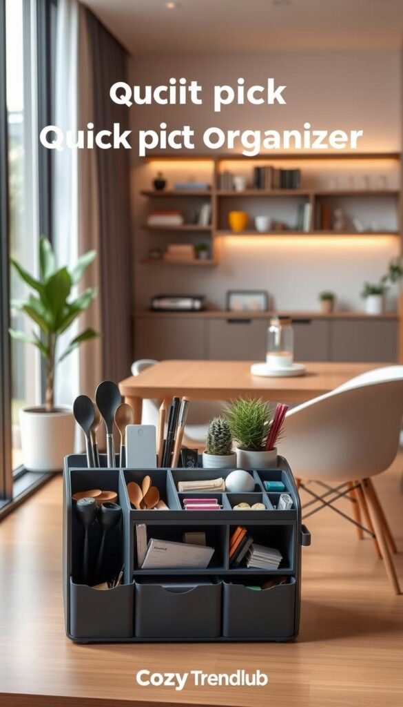A stylish quick picks organizer displayed in a modern, small apartment setting, designed to maximize space efficiency. In the foreground, the organizer features compartments filled with kitchen utensils, stationery, and small potted plants, showcasing its versatility. The middle ground includes a minimalist wooden table paired with a comfortable chair, adding an inviting touch. The background reveals a well-organized wall with shelving, accented by soft, ambient lighting that creates a cozy atmosphere. A large window allows natural light to fill the space, enhancing the room's warmth. The style is clean and contemporary, with a focus on functionality and aesthetic appeal. This image is branded with "CozyTrendHub", emphasizing the theme of space-saving home products.