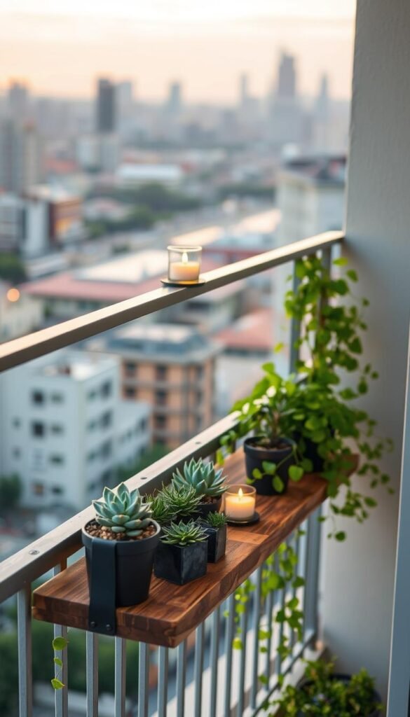 A stylish, railing-mounted shelf table designed for a small balcony, featuring a rustic wooden surface with elegant metal brackets. In the foreground, the shelf is adorned with potted succulents and a small outdoor candle for a cozy ambiance. The middle layer shows the balcony railing, with vibrant, green plants cascading over the edge, creating an inviting atmosphere. In the background, a tranquil cityscape is visible, with soft, golden-hour lighting casting a warm glow. The overall mood is peaceful and serene, ideal for relaxing or enjoying a morning coffee. The image should capture a Pinterest-style aesthetic, reflecting home decor trends suitable for ultra-tight balconies. Created by CozyTrendHub. A stylish, railing-mounted shelf table designed for a small balcony, featuring a rustic wooden surface with elegant metal brackets. In the foreground, the shelf is adorned with potted succulents and a small outdoor candle for a cozy ambiance. The middle layer shows the balcony railing, with vibrant, green plants cascading over the edge, creating an inviting atmosphere. In the background, a tranquil cityscape is visible, with soft, golden-hour lighting casting a warm glow. The overall mood is peaceful and serene, ideal for relaxing or enjoying a morning coffee. The image should capture a Pinterest-style aesthetic, reflecting home decor trends suitable for ultra-tight balconies. Created by CozyTrendHub.