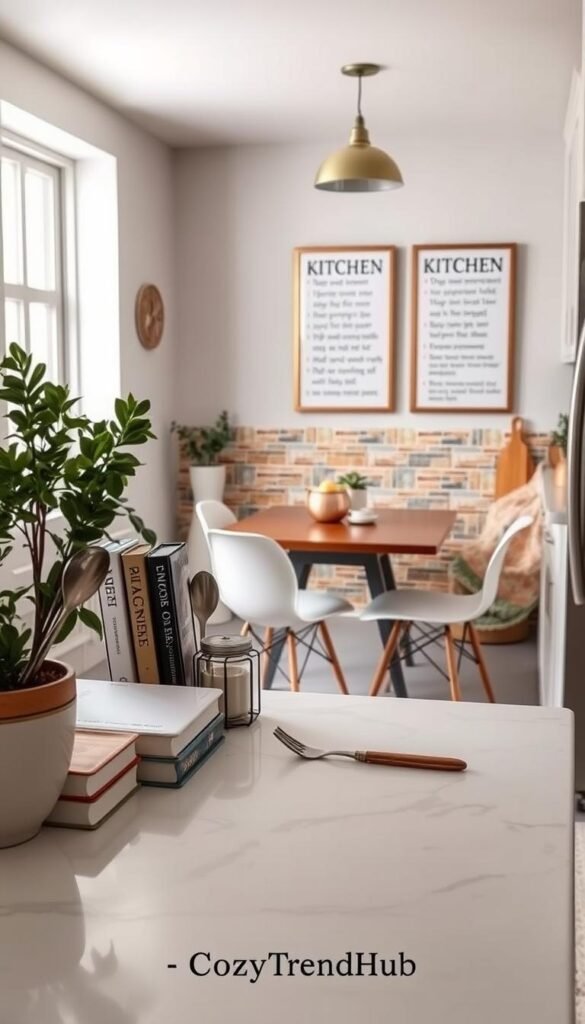 A stylish rental kitchen setting that embodies the essence of "Rental Kitchen Rules." The foreground features a beautifully arranged countertop with decorative items like a potted herb plant, cookbooks, and elegant utensils. In the middle, a cozy dining area with a small wooden table, chic chairs, and tasteful decor elements such as framed art depicting kitchen tips and rules. The background showcases modern cabinetry and colorful tiles, giving a sense of warmth and livability. Soft, natural lighting filters through a window, enhancing the inviting atmosphere. The overall mood is cozy and inspiring, perfect for a rental kitchen. Include Pinterest-style aesthetics, emphasizing functionality and decor harmony, with a subtle inclusion of the CozyTrendHub brand in the scene.