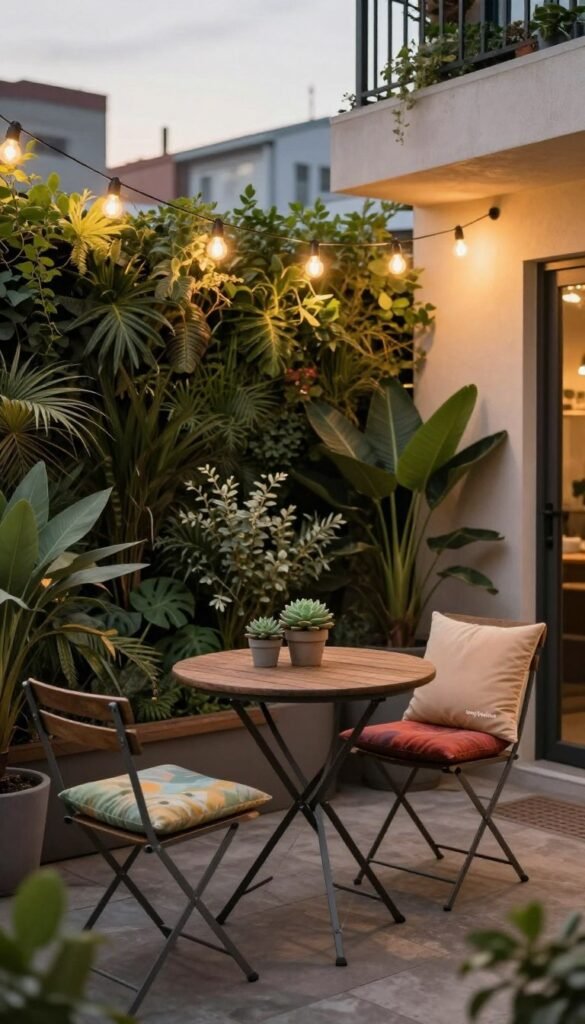 A stylish rental patio design featuring a cozy, intimate setting for outdoor relaxation. In the foreground, there's a small, round, wooden table adorned with potted succulents and colorful cushions on metal folding chairs. The middle ground showcases a lush green plant wall and string lights hanging gracefully above, creating a warm ambiance. In the background, tasteful urban scenery includes a glimpse of neighboring buildings, hinting at a city vibe. The lighting is soft, suggesting a late afternoon glow, with warm hues casting gentle shadows to evoke a serene atmosphere. The overall mood is relaxed and inviting, perfect for enjoying a book or a casual gathering. All elements reflect the brand "CozyTrendHub" and adhere to Pinterest-worthy home decor aesthetics, emphasizing creativity in small spaces.