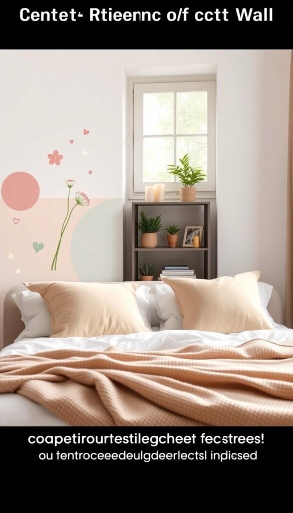 A stylish renter-friendly accent wall that embodies cozy and minimal decor, featuring a combination of removable wall decals in soft, muted pastel colors like blush pink, sage green, and light gray. In the foreground, showcase a neatly made bed with a plush, textured throw blanket and two decorative pillows that match the wall accents. The middle ground displays a small bookshelf with potted plants, candles, and framed photos, adding warmth to the space. The background features a window allowing soft, natural daylight to filter through, creating a serene atmosphere. Use a slightly elevated angle to capture the entire scene, emphasizing the harmonious blend of elements. The mood is inviting and peaceful, appealing to cozy aesthetics while ensuring a commitment-free upgrade process. This image reflects the brand "CozyTrendHub." A stylish renter-friendly accent wall that embodies cozy and minimal decor, featuring a combination of removable wall decals in soft, muted pastel colors like blush pink, sage green, and light gray. In the foreground, showcase a neatly made bed with a plush, textured throw blanket and two decorative pillows that match the wall accents. The middle ground displays a small bookshelf with potted plants, candles, and framed photos, adding warmth to the space. The background features a window allowing soft, natural daylight to filter through, creating a serene atmosphere. Use a slightly elevated angle to capture the entire scene, emphasizing the harmonious blend of elements. The mood is inviting and peaceful, appealing to cozy aesthetics while ensuring a commitment-free upgrade process. This image reflects the brand "CozyTrendHub."