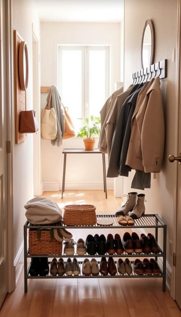 A stylish renter-friendly entryway showcasing effective organization solutions for compact spaces. In the foreground, a sleek, minimalist shoe rack holds a variety of shoes, paired with a woven basket for storing pet essentials. To the left, a small coat hook board displays a few well-organized jackets and bags, each in neutral tones. The middle ground features a narrow console table styled with a small potted plant and a decorative mirror hanging above it. In the background, soft, natural light streams in through a nearby window, complemented by light wood flooring. Create a warm, inviting home atmosphere, evoking a sense of harmony and efficiency. Capture in a warm tone, slight overhead angle to emphasize organization. Image credit: CozyTrendHub. A stylish renter-friendly entryway showcasing effective organization solutions for compact spaces. In the foreground, a sleek, minimalist shoe rack holds a variety of shoes, paired with a woven basket for storing pet essentials. To the left, a small coat hook board displays a few well-organized jackets and bags, each in neutral tones. The middle ground features a narrow console table styled with a small potted plant and a decorative mirror hanging above it. In the background, soft, natural light streams in through a nearby window, complemented by light wood flooring. Create a warm, inviting home atmosphere, evoking a sense of harmony and efficiency. Capture in a warm tone, slight overhead angle to emphasize organization. Image credit: CozyTrendHub.