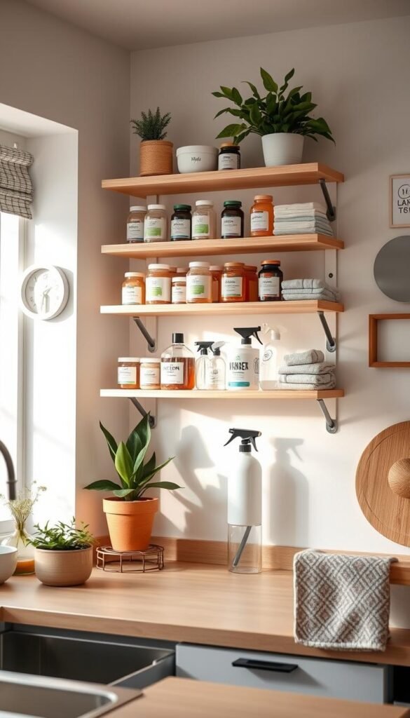 A stylish renter-friendly shelf, beautifully arranged with various cleaning supplies and organizational products, set in a modern kitchen. The foreground features a sturdy, wall-mounted shelf made from light wood, showcasing labeled jars, eco-friendly cleaners, and neatly folded cloths. The middle ground displays a cozy kitchen counter with a potted plant and a colorful, patterned dish towel. In the background, soft, warm lighting brightens the space, highlighting the white walls adorned with minimalistic decor. The angle captures the entire scene at a slight diagonal, offering depth. The atmosphere is inviting and organized, perfect for inspiring renters to keep their supplies tidy and visually appealing. Capture the essence of "CozyTrendHub" lifestyle aesthetics.