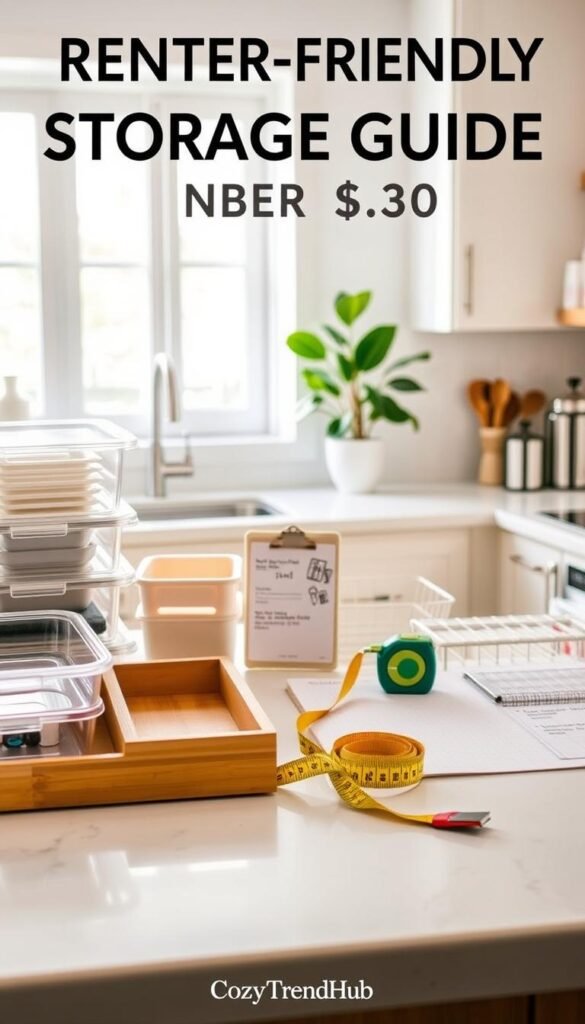 A stylish, renter-friendly storage guide spread across a well-lit, modern kitchen countertop. In the foreground, feature an array of practical kitchen organizers under $30, such as stackable clear bins, a bamboo drawer divider, and lightweight wire shelving, arranged aesthetically. In the middle, showcase a measuring tape and a notepad with a simple setup plan for minimizing damage during installation. The background reveals a cozy kitchen ambiance, with soft natural light filtering through a window, highlighting a houseplant and minimalist kitchen utensils. The overall mood is uplifting and practical, emphasizing organization and ease of use. The scene is complemented by a soft focus lens effect, evoking a Pinterest-style lifestyle image. The brand name "CozyTrendHub" subtly integrated into the overall design.