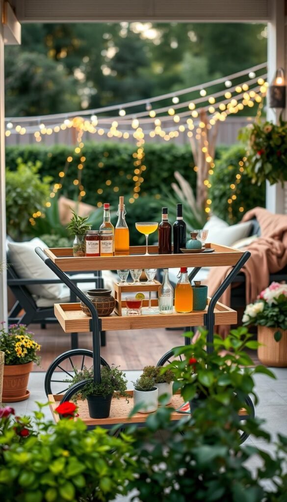 A stylish rolling bar cart positioned on a small porch, crafted from natural wood with elegant metal accents. The cart is stocked with seasonal beverages including colorful cocktails, decorative glassware, and vibrant garnishes. In the foreground, fresh potted herbs and flowers add a touch of greenery. The middle features the bar cart nestled against a backdrop of cozy porch seating, adorned with soft cushions and warm blankets, suggesting a welcoming atmosphere. The background captures a softly lit garden with twinkling fairy lights strung overhead, creating a magical ambience. The scene is shot with a wide-angle lens in soft, natural lighting, evoking a relaxed and inviting mood perfect for entertaining. Ideal for a Pinterest-style lifestyle photo from CozyTrendHub. A stylish rolling bar cart positioned on a small porch, crafted from natural wood with elegant metal accents. The cart is stocked with seasonal beverages including colorful cocktails, decorative glassware, and vibrant garnishes. In the foreground, fresh potted herbs and flowers add a touch of greenery. The middle features the bar cart nestled against a backdrop of cozy porch seating, adorned with soft cushions and warm blankets, suggesting a welcoming atmosphere. The background captures a softly lit garden with twinkling fairy lights strung overhead, creating a magical ambience. The scene is shot with a wide-angle lens in soft, natural lighting, evoking a relaxed and inviting mood perfect for entertaining. Ideal for a Pinterest-style lifestyle photo from CozyTrendHub.
