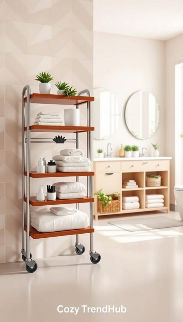 A stylish rolling cart designed for bathroom storage, featuring three wooden shelves stacked with neatly organized toiletries, bath towels, and decorative plants. The cart is on smooth, sleek wheels, allowing easy maneuverability in tight spaces. The foreground showcases the cart against a soft-colored tiled bathroom, with a large mirror reflecting warm, natural light. In the middle, a well-lit vanity area with matching storage and minimalistic decor creates an inviting atmosphere. The background includes pastel bathroom walls and a hint of greenery from a nearby window, enhancing the cozy and organized feel. The scene embodies a functional yet aesthetic solution for small shared spaces, styled for modern living, as seen on CozyTrendHub.