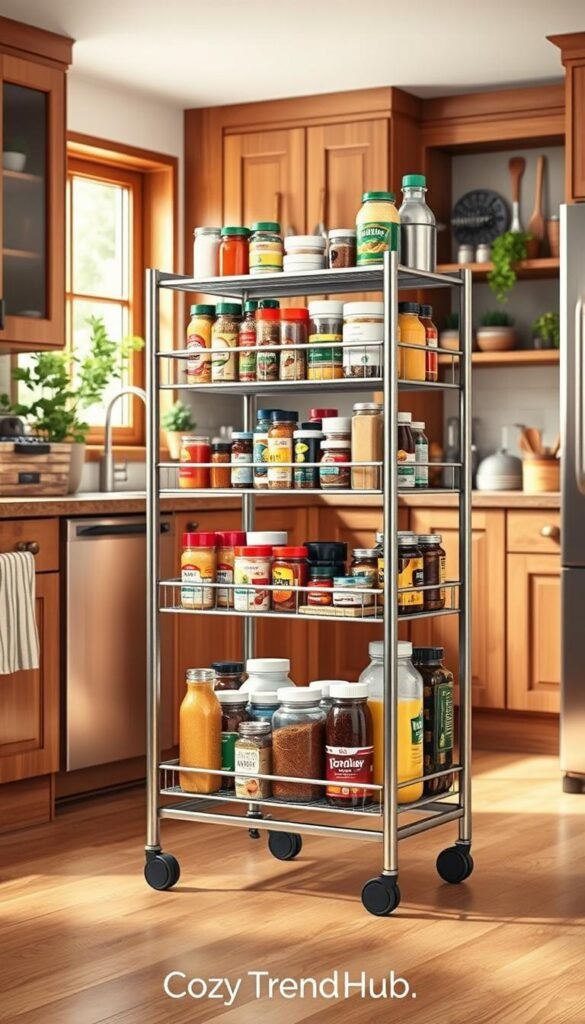 A stylish rolling pantry storage cart designed for efficient kitchen organization, showcasing multiple tiers filled with an array of colorful food containers, spices, and kitchen supplies. The cart is situated in a warm, inviting kitchen with wooden cabinets and a cozy atmosphere. In the foreground, the cart's sleek metal frame contrasts with the soft textures of the counter and surrounding decor. The middle ground captures the cart’s wheels, emphasizing mobility, while in the background, hints of lush green plants and decorative kitchen utensils enhance the homely feel. Soft, natural lighting filters through a nearby window, creating a warm glow that emphasizes the organized chaos of a bustling kitchen. This Pinterest-style lifestyle photo reflects the theme of modern home organization, attributed to CozyTrendHub. A stylish rolling pantry storage cart designed for efficient kitchen organization, showcasing multiple tiers filled with an array of colorful food containers, spices, and kitchen supplies. The cart is situated in a warm, inviting kitchen with wooden cabinets and a cozy atmosphere. In the foreground, the cart's sleek metal frame contrasts with the soft textures of the counter and surrounding decor. The middle ground captures the cart’s wheels, emphasizing mobility, while in the background, hints of lush green plants and decorative kitchen utensils enhance the homely feel. Soft, natural lighting filters through a nearby window, creating a warm glow that emphasizes the organized chaos of a bustling kitchen. This Pinterest-style lifestyle photo reflects the theme of modern home organization, attributed to CozyTrendHub.