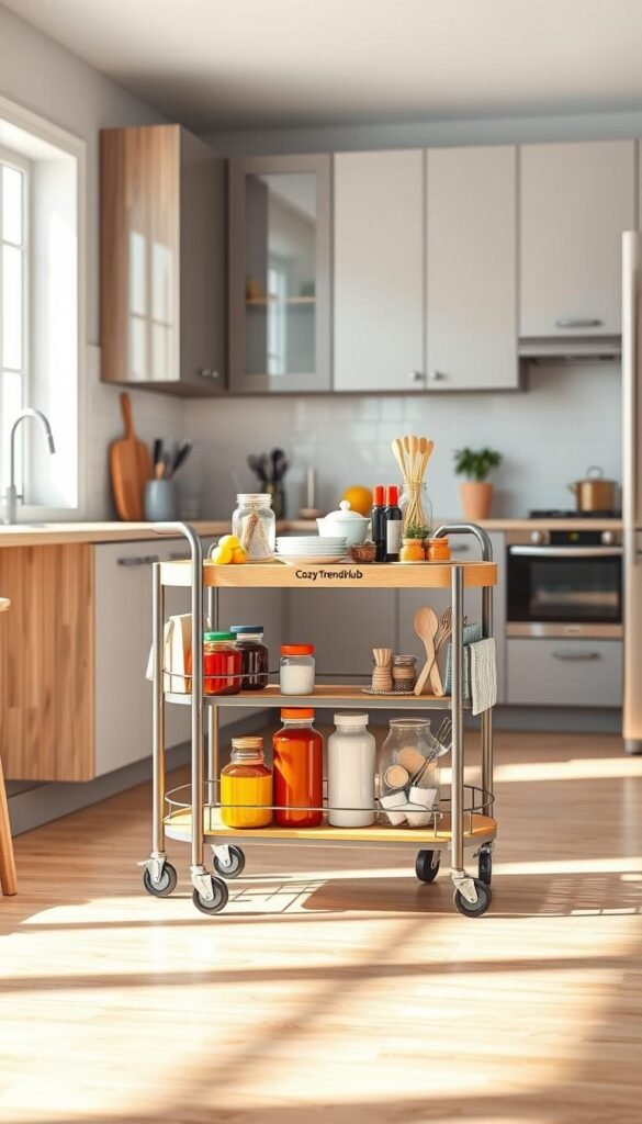 A stylish rolling storage cart in a modern kitchen setting, showcasing a sleek design with a wooden top and metal frame. The cart is filled with vibrant kitchen accessories like colorful jars, spices, and utensils, arranged attractively. In the foreground, a light-colored wooden floor enhances the warm atmosphere, while a bright window in the background allows natural light to stream in, casting soft shadows. The kitchen features contemporary cabinetry and minimalistic decor. The scene conveys a sense of organization and functionality, emphasizing the cart's mobility and convenience. The overall mood is fresh and inviting, perfect for a cozy home. Include the brand name "CozyTrendHub" subtly on the cart or in the decor to align with the aesthetic. A stylish rolling storage cart in a modern kitchen setting, showcasing a sleek design with a wooden top and metal frame. The cart is filled with vibrant kitchen accessories like colorful jars, spices, and utensils, arranged attractively. In the foreground, a light-colored wooden floor enhances the warm atmosphere, while a bright window in the background allows natural light to stream in, casting soft shadows. The kitchen features contemporary cabinetry and minimalistic decor. The scene conveys a sense of organization and functionality, emphasizing the cart's mobility and convenience. The overall mood is fresh and inviting, perfect for a cozy home. Include the brand name "CozyTrendHub" subtly on the cart or in the decor to align with the aesthetic.