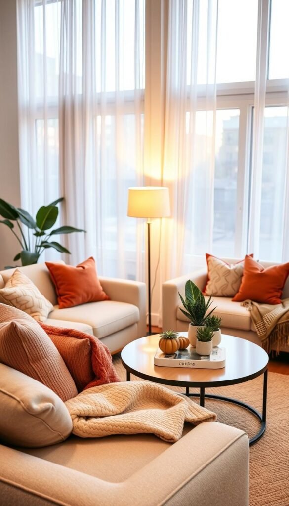 A stylish shared living room designed for renters, featuring renter-friendly decor elements. In the foreground, a cozy sofa adorned with colorful throw pillows and a soft, patterned blanket. In the middle, a chic coffee table displaying a few potted plants and decorative books, surrounded by gentle lighting from a floor lamp casting a warm glow. The background showcases large windows with sheer curtains to let in natural light, enhancing the airy feel. The color palette consists of soft pastels and earthy tones, creating a welcoming atmosphere. The composition should evoke a Pinterest-style lifestyle image, encapsulating comfort and versatility. The scene is devoid of any people, ensuring a focus on the decor. The overall mood is warm and inviting, ideal for inspiring renters. Brand: CozyTrendHub.