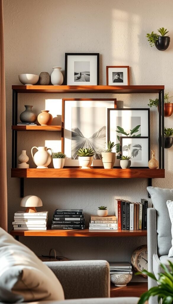 A stylish shelf display that showcases a variety of objects turned into wall art, set in a cozy living room. In the foreground, a wooden shelf with a rich walnut finish holds artisanal ceramics, potted succulents, and framed photography artfully arranged amidst books. The middle layer features soft, natural lighting coming through a nearby window, casting warm shadows, enhancing the textures of the items on the shelf. The background includes a neutral, textured wall with subtle decor elements like wall-mounted plants, creating a serene and inviting atmosphere. The scene is framed at a slight angle to give depth and dimension, evoking a Pinterest-worthy aesthetic. This image embodies the essence of smart shelf styling by CozyTrendHub. A stylish shelf display that showcases a variety of objects turned into wall art, set in a cozy living room. In the foreground, a wooden shelf with a rich walnut finish holds artisanal ceramics, potted succulents, and framed photography artfully arranged amidst books. The middle layer features soft, natural lighting coming through a nearby window, casting warm shadows, enhancing the textures of the items on the shelf. The background includes a neutral, textured wall with subtle decor elements like wall-mounted plants, creating a serene and inviting atmosphere. The scene is framed at a slight angle to give depth and dimension, evoking a Pinterest-worthy aesthetic. This image embodies the essence of smart shelf styling by CozyTrendHub.