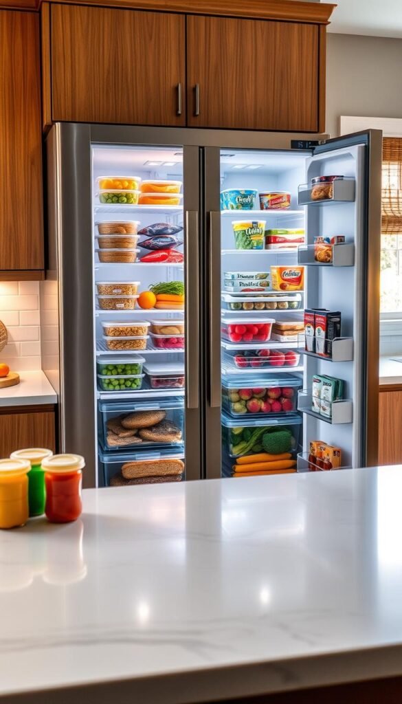 A stylish side-by-side freezer in a modern kitchen, showcasing organized narrow shelves and door storage compartments filled with clear bins of frozen vegetables, fruits, and neatly stacked frozen meals. The foreground features a well-lit, sleek surface with a few colorful pantry items, creating a cozy and inviting atmosphere. The middle features the freezer's clean and efficient arrangement, illuminated by soft, natural light coming from a nearby window. The background shows a tastefully designed kitchen with warm wood cabinets and neutral accents, enhancing the homey vibe. The image aligns with the CozyTrendHub aesthetic, perfect for a Pinterest-style lifestyle photo, encouraging effective freezer organization.