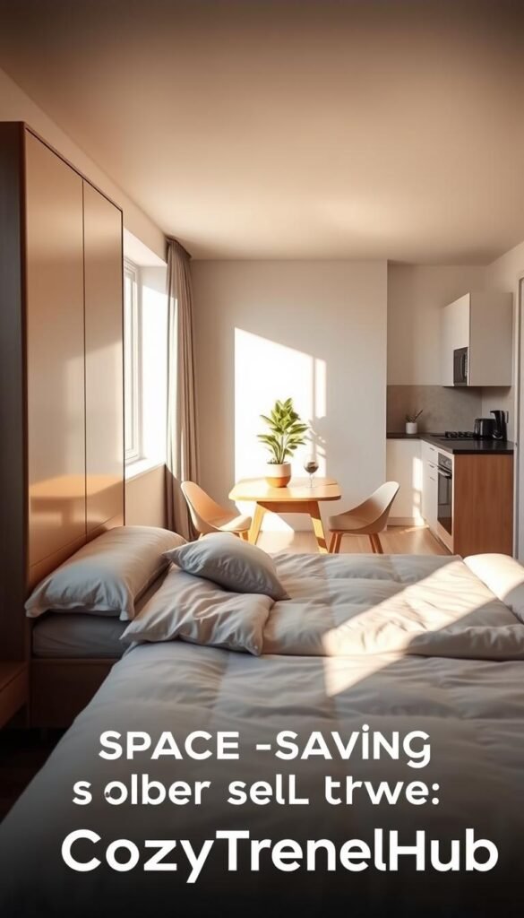 A stylish small apartment featuring a modern murphy bed fully extended in the foreground, showcasing its elegant design and plush bedding. The room is illuminated by natural light streaming through large windows, casting soft shadows that enhance the cozy atmosphere. In the middle, a minimalist dining area with a chic wooden table and two chairs harmonizes with the murphy bed, while a potted plant adds a touch of green. The background includes a compact kitchenette with contemporary appliances and tasteful decor. The colors are warm and inviting, creating a space that feels both functional and comfortable. This Pinterest-style lifestyle image is branded with "CozyTrendHub," showcasing clever space-saving solutions in small homes.