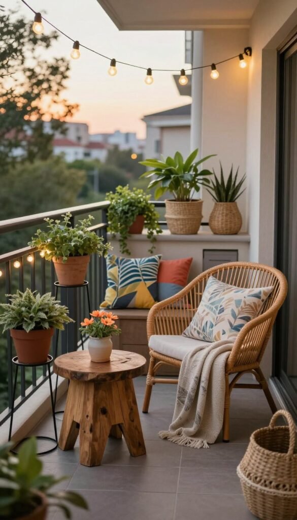 A stylish small balcony designed to reflect indoor aesthetics, featuring potted plants on sleek metal stands, a comfortable rattan chair with soft, patterned cushions, and a rustic wooden side table adorned with a summer-themed centerpiece. In the foreground, fairy lights are strung overhead, casting a warm glow, while a cozy throw blanket drapes elegantly over the chair. The middle ground showcases curated decorative accents like woven baskets and colorful outdoor cushions that complement the overall decor. The background includes a charming cityscape with soft sunlight filtering through trees, conveying a tranquil evening vibe. The lens captures the scene from a slightly elevated angle, ensuring a spacious feel. Mood: inviting and serene. Ideal for CozyTrendHub's seasonal decor inspiration.