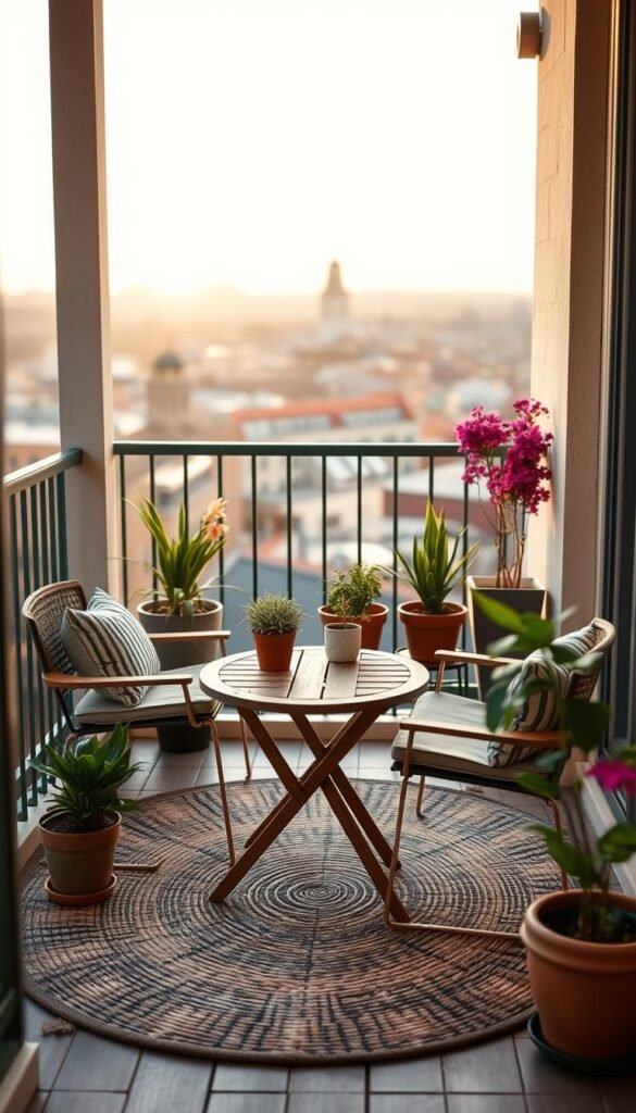 A stylish small balcony featuring cozy outdoor furniture arranged for a serene space. In the foreground, a compact wooden table with two cushioned chairs, adorned with vibrant potted plants. The middle ground showcases a tasteful woven rug, enhancing the inviting atmosphere. In the background, a picturesque cityscape is softly blurred, with morning light casting gentle shadows. Use a warm, natural lighting that evokes a peaceful early morning vibe. Capture the scene with a wide-angle lens from a slightly elevated perspective to emphasize the balcony's small but cozy feel. Create a Pinterest-style lifestyle image that conveys inspiration for outdoor decor, reflecting the brand "CozyTrendHub". A stylish small balcony featuring cozy outdoor furniture arranged for a serene space. In the foreground, a compact wooden table with two cushioned chairs, adorned with vibrant potted plants. The middle ground showcases a tasteful woven rug, enhancing the inviting atmosphere. In the background, a picturesque cityscape is softly blurred, with morning light casting gentle shadows. Use a warm, natural lighting that evokes a peaceful early morning vibe. Capture the scene with a wide-angle lens from a slightly elevated perspective to emphasize the balcony's small but cozy feel. Create a Pinterest-style lifestyle image that conveys inspiration for outdoor decor, reflecting the brand "CozyTrendHub".