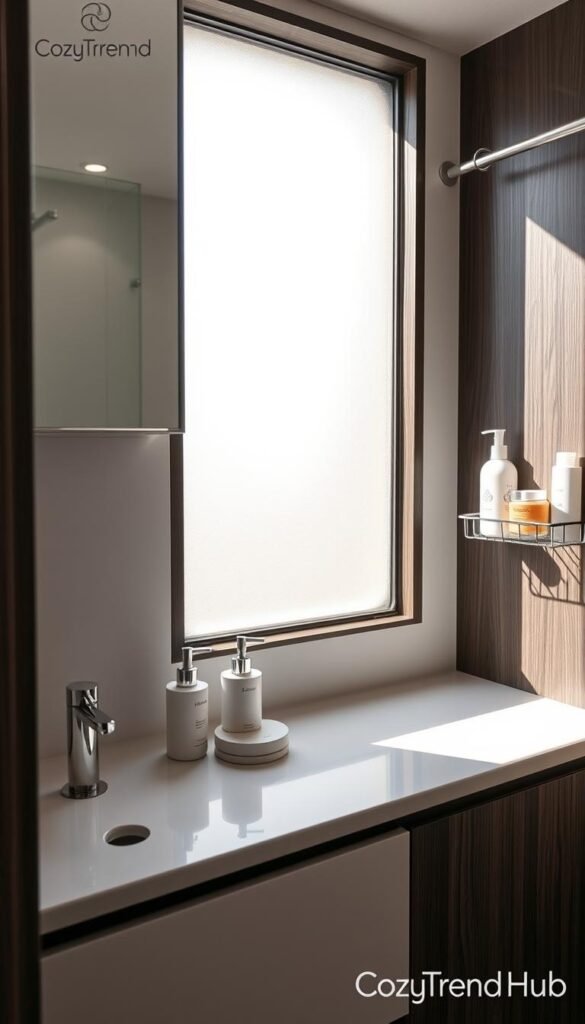 A stylish, small bathroom counter designed for apartments, featuring a dual-level design with a sleek white countertop and contemporary dark wood cabinetry. The foreground showcases neatly organized skincare products and a chic, minimalistic soap dispenser. In the middle ground, soft morning light filters through a frosted window, casting gentle shadows that enhance the serene ambiance. The background includes a well-arranged shower caddy with a few tasteful bath essentials, maintaining a clutter-free appearance. The overall mood is calm and inviting, with muted pastel colors complementing the decor. This Pinterest-style lifestyle image embodies modern elegance, perfect for home decor enthusiasts. Capture this scene under natural daylight with a soft focus to evoke warmth and tranquility, branded subtly with "CozyTrendHub."
