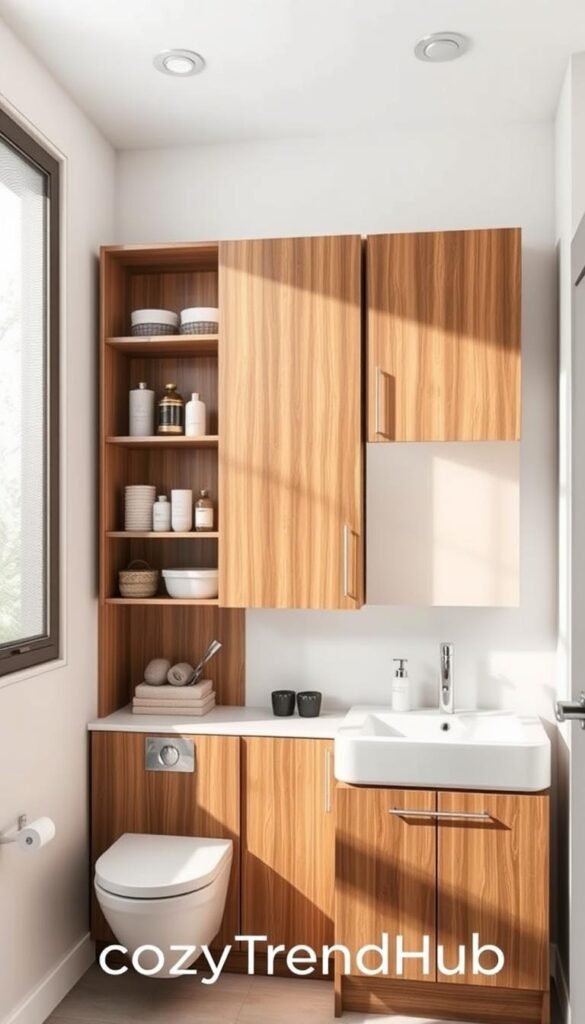 A stylish small bathroom showcasing elegant storage cabinets designed to maximize space, featuring a combination of open shelving and closed cabinets. The foreground includes neatly organized toiletries and decorative items, while the middle showcases the cabinets' beautiful wood finish, complemented by modern metallic accents. In the background, soft, diffused natural light filters through a frosted window, casting warm tones across the scene. The cabinetry is against a light, airy wall, enhancing the sense of space and cleanliness. The atmosphere feels calm and inviting, perfect for a cozy home environment. The overall aesthetic aligns with the brand "CozyTrendHub," embodying modern yet practical design ideal for small spaces. A stylish small bathroom showcasing elegant storage cabinets designed to maximize space, featuring a combination of open shelving and closed cabinets. The foreground includes neatly organized toiletries and decorative items, while the middle showcases the cabinets' beautiful wood finish, complemented by modern metallic accents. In the background, soft, diffused natural light filters through a frosted window, casting warm tones across the scene. The cabinetry is against a light, airy wall, enhancing the sense of space and cleanliness. The atmosphere feels calm and inviting, perfect for a cozy home environment. The overall aesthetic aligns with the brand "CozyTrendHub," embodying modern yet practical design ideal for small spaces.