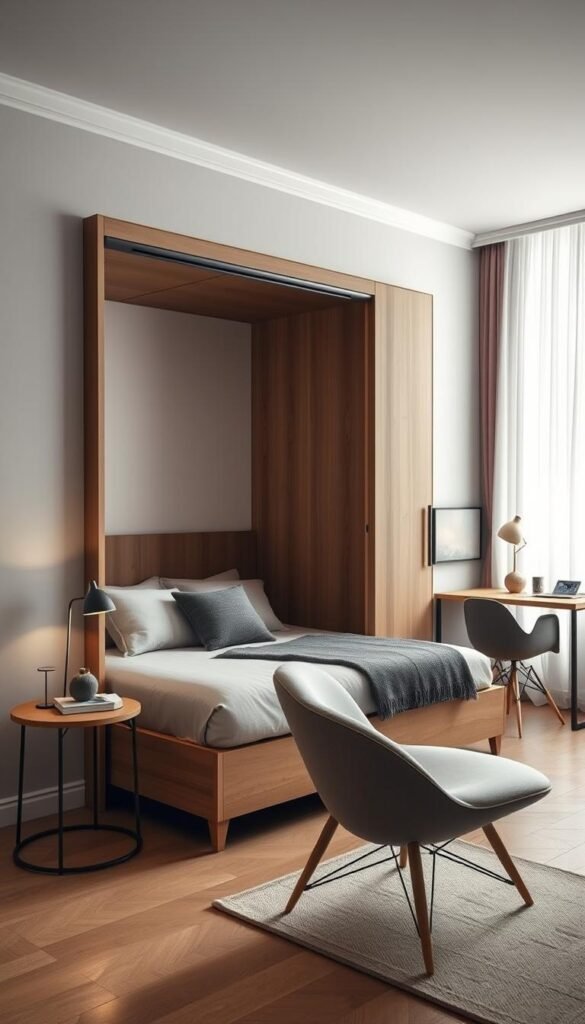 A stylish small bedroom showcasing a cleverly designed Murphy bed, elegantly folded up against a wall. The bed features a wooden frame with a soft, neutral-toned mattress adorned with trendy cushions, giving a cozy vibe. In the foreground, a compact nightstand holds a small lamp and a few decorative items, contributing to a warm atmosphere. The middle ground includes a stylish chair and a small desk, suggesting a multifunctional use of space. The background shows soft, diffused lighting coming through sheer curtains, highlighting the room’s bright, inviting color palette. The overall mood is serene and sophisticated, reflecting a modern aesthetic ideal for small spaces. This image is curated for CozyTrendHub. A stylish small bedroom showcasing a cleverly designed Murphy bed, elegantly folded up against a wall. The bed features a wooden frame with a soft, neutral-toned mattress adorned with trendy cushions, giving a cozy vibe. In the foreground, a compact nightstand holds a small lamp and a few decorative items, contributing to a warm atmosphere. The middle ground includes a stylish chair and a small desk, suggesting a multifunctional use of space. The background shows soft, diffused lighting coming through sheer curtains, highlighting the room’s bright, inviting color palette. The overall mood is serene and sophisticated, reflecting a modern aesthetic ideal for small spaces. This image is curated for CozyTrendHub.