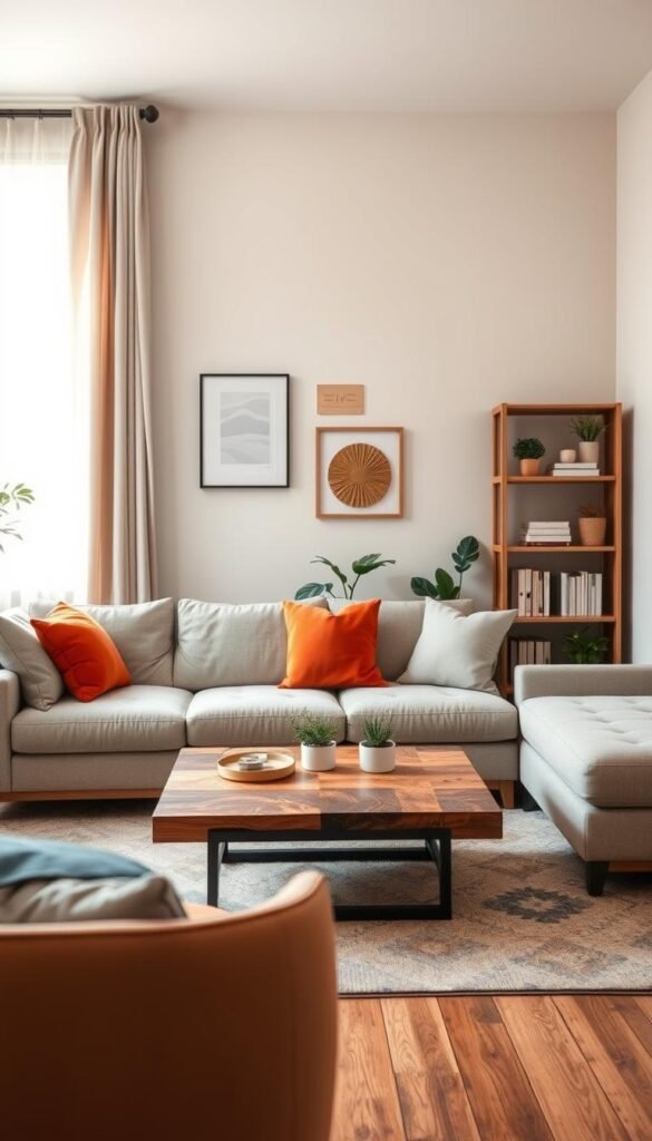 A stylish small living room designed for modern apartments, featuring a chic sectional sofa in muted colors adorned with vibrant throw pillows. The foreground includes a cozy area rug with geometric patterns and a sleek coffee table made from reclaimed wood. In the middle background, there are tasteful wall art pieces and a few indoor plants adding a touch of greenery. Soft, natural light pours in through a large window dressed with light, airy curtains, enhancing the tranquil atmosphere. The space is warmly lit, creating a welcoming ambiance. A minimalist bookshelf filled with decor items and books is subtly placed in the corner. Capture this relaxing scene in a soft focus lens to highlight the aesthetics. Showcase this style under the brand name "CozyTrendHub".
