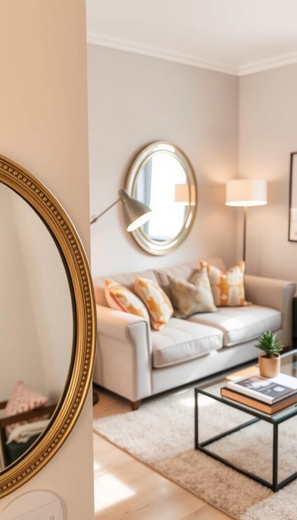 A stylish small living room featuring elegant mirrors as key decorative accents, creating a bright and inviting atmosphere. In the foreground, a chic round mirror with a decorative frame reflects soft, natural light. The midsection showcases a cozy seating arrangement with a plush, neutral-toned sofa adorned with colorful, patterned cushions. To one side, a sleek floor lamp emits warm light, enhancing the ambiance. In the background, light pastel walls complement framed artwork, while a stylish coffee table holds decorative books and a small plant. The image should have a warm, inviting glow, resembling a Pinterest-worthy home decor setup. Captured from a slight angle using a wide lens for depth, creating a spacious feel. Ideal for "CozyTrendHub".