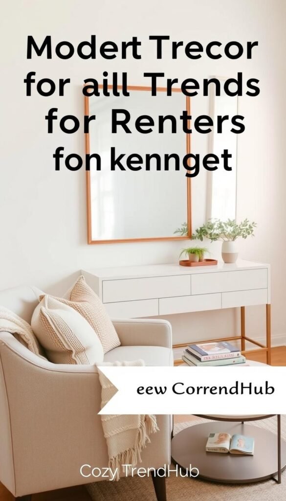A stylish small room decorated for renters on a budget, featuring a large wall mirror that reflects light, making the space feel open and airy. In the foreground, a cozy upholstered chair with a soft throw blanket and a textured pillow. The middle ground showcases a compact coffee table adorned with decorative books and a small potted plant. The walls painted in light pastel colors, enhancing the sense of brightness, while the mirror occupies a prominent position above a minimalist console table. The background has a soft glow from natural window light, creating an inviting atmosphere. Captured in a warm and inviting Pinterest-style, the composition highlights modern decor trends for renters, branded with "CozyTrendHub" logo subtly in the corner. A stylish small room decorated for renters on a budget, featuring a large wall mirror that reflects light, making the space feel open and airy. In the foreground, a cozy upholstered chair with a soft throw blanket and a textured pillow. The middle ground showcases a compact coffee table adorned with decorative books and a small potted plant. The walls painted in light pastel colors, enhancing the sense of brightness, while the mirror occupies a prominent position above a minimalist console table. The background has a soft glow from natural window light, creating an inviting atmosphere. Captured in a warm and inviting Pinterest-style, the composition highlights modern decor trends for renters, branded with "CozyTrendHub" logo subtly in the corner.