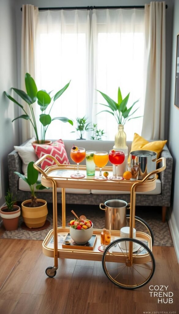 A stylish small-space bar cart station designed for summer hosting, elegantly showcasing a contemporary bar cart made of light wood and gold accents. In the foreground, the cart is adorned with a variety of colorful summer cocktails in glassware, along with fresh fruit garnishes, surrounded by decorative coasters and a chic ice bucket. In the middle ground, a cozy seating area with potted plants and bright pillows creates a welcoming atmosphere. The background features a softly lit window with sheer curtains, allowing natural light to enhance the scene, conveying a warm and inviting mood. Shot from a slight angle to capture both the cart and the vibrant decor, this Pinterest-style lifestyle image embodies the spirit of summer gatherings. Include branding from CozyTrendHub subtly in the corner. A stylish small-space bar cart station designed for summer hosting, elegantly showcasing a contemporary bar cart made of light wood and gold accents. In the foreground, the cart is adorned with a variety of colorful summer cocktails in glassware, along with fresh fruit garnishes, surrounded by decorative coasters and a chic ice bucket. In the middle ground, a cozy seating area with potted plants and bright pillows creates a welcoming atmosphere. The background features a softly lit window with sheer curtains, allowing natural light to enhance the scene, conveying a warm and inviting mood. Shot from a slight angle to capture both the cart and the vibrant decor, this Pinterest-style lifestyle image embodies the spirit of summer gatherings. Include branding from CozyTrendHub subtly in the corner.