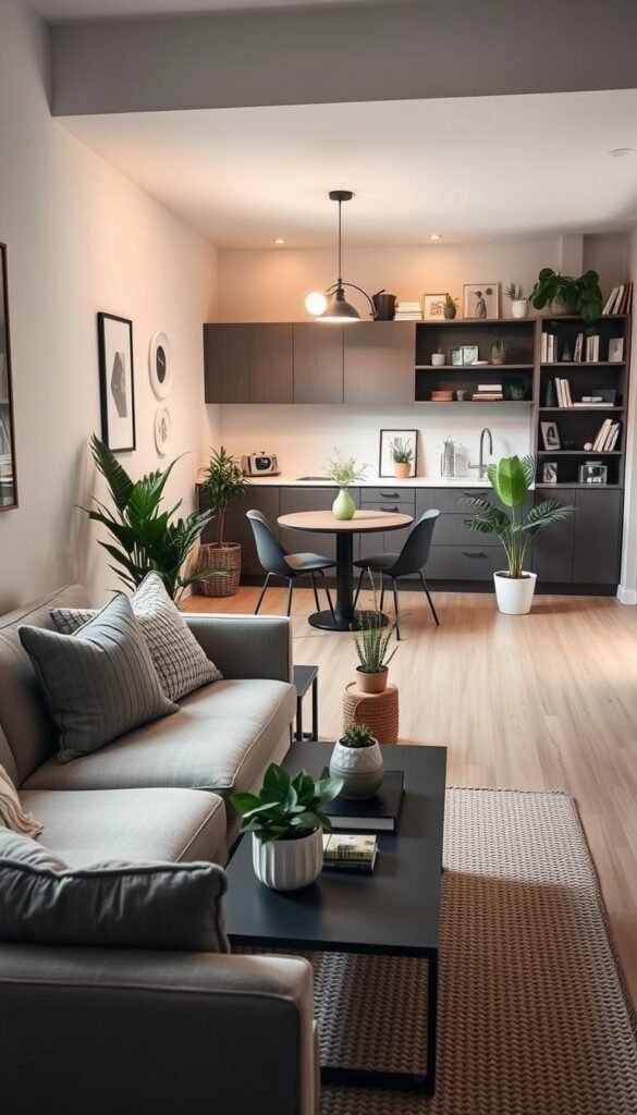 A stylish small-space layout showcasing a cozy apartment interior designed for functionality and aesthetic appeal. The foreground features a minimalist living area with an elegant sofa adorned with textured cushions, a chic coffee table with decorative elements, and a natural woven rug. In the middle ground, a compact dining nook with a round table and two modern chairs, surrounded by greenery from potted plants. The background displays a well-organized kitchenette and shelves artfully arranged with books and decor items, emphasizing a curated look. Soft, warm lighting filters through a large window, creating a welcoming atmosphere. The image should evoke a sense of intentionality and comfort, perfect for those seeking inspiration for aesthetic decor in small spaces. Style inspired by CozyTrendHub.