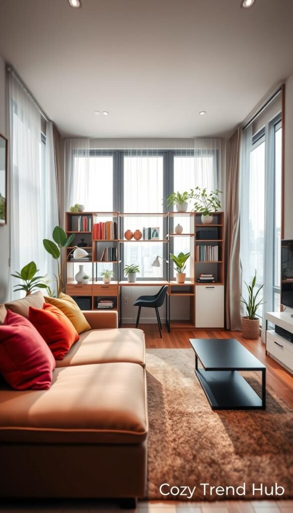 A stylish small-space living room featuring multifunctional furniture, perfect for maximizing comfort and function. In the foreground, a compact, modern sofa with vibrant throw pillows, complemented by a sleek coffee table with storage underneath. The middle section showcases a stylish bookshelf combined with a fold-out desk, demonstrating clever use of vertical space. In the background, large windows illuminate the room with natural light, framed by airy, sheer curtains. Add indoor plants for a touch of greenery, enhancing the cozy atmosphere. The lens captures the scene in soft focus, creating a relaxed and inviting mood, emphasizing the ease of modern living in tight quarters. The image reflects the essence of practical yet elegant decoration from "CozyTrendHub."