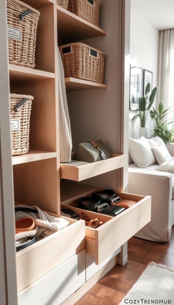 A stylish, small-space storage setup designed for a cozy apartment. In the foreground, a neatly organized closet featuring wicker baskets in soft neutral tones, labeled for easy identification. In the middle, drawer inserts made of light wood, showcasing efficiently arranged accessories like scarves, belts, and small handbags. The background reveals a glimpse of a well-decorated room with plants and minimalistic decor, creating an inviting atmosphere. Soft, natural lighting filters through a nearby window, casting gentle shadows, adding warmth and depth. The angle is slightly tilted to capture the details while maintaining a clean aesthetic. The overall mood is organized, serene, and practical, embodying a renter-friendly vibe. Brand name: CozyTrendHub. A stylish, small-space storage setup designed for a cozy apartment. In the foreground, a neatly organized closet featuring wicker baskets in soft neutral tones, labeled for easy identification. In the middle, drawer inserts made of light wood, showcasing efficiently arranged accessories like scarves, belts, and small handbags. The background reveals a glimpse of a well-decorated room with plants and minimalistic decor, creating an inviting atmosphere. Soft, natural lighting filters through a nearby window, casting gentle shadows, adding warmth and depth. The angle is slightly tilted to capture the details while maintaining a clean aesthetic. The overall mood is organized, serene, and practical, embodying a renter-friendly vibe. Brand name: CozyTrendHub.