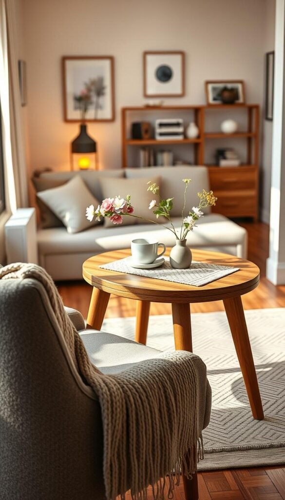 A stylish small space table, made of warm wood, featuring a compact design with soft edges. The table is adorned with a cozy decorative tablecloth, fresh flowers in a simple vase, and a stylish coffee mug. In the foreground, a plush chair with a knitted throw is positioned next to the table, inviting relaxation. The middle of the scene showcases a well-organized living area with soft textures, including a patterned rug and ambient lighting from a nearby window. The background features neutral-toned walls adorned with minimalist art pieces, creating a serene atmosphere. The lighting is warm and natural, highlighting the texture of the table. This cozy setting reflects the essence of stylish living in small spaces, evoking warmth and comfort. --v 5 --ar 16:9 --style photorealistic --brand "CozyTrendHub"