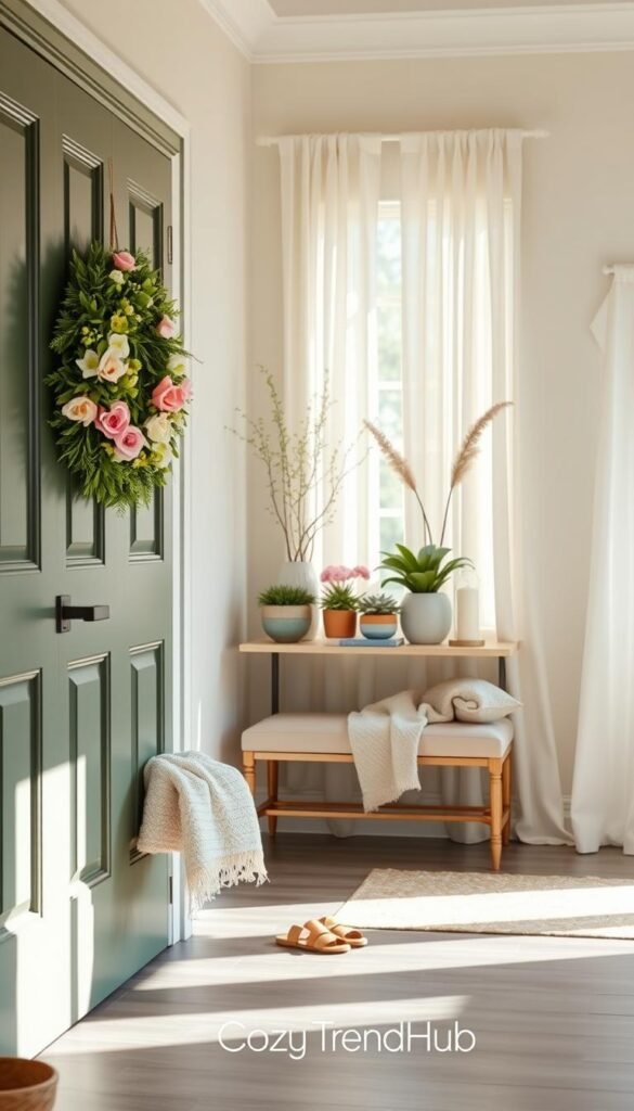 A stylish spring entryway that embodies fresh seasonal decor. In the foreground, a welcoming door adorned with a vibrant wreath made of pastel flowers and greenery. A simple, elegant bench sits to the side, draped with a soft, textured throw, and a pair of stylish sandals placed nearby. The middle ground features a console table decorated with a trio of colorful potted plants and a few artfully arranged decorative items, like a candle and a book. In the background, natural light streams in through a large window, illuminating soft curtains fluttering gently. An inviting atmosphere captures the essence of spring, with a serene color palette of greens, pinks, and yellows. The image should resemble a perfect Pinterest-style lifestyle photo, branded subtly with "CozyTrendHub" in small, tasteful lettering. A stylish spring entryway that embodies fresh seasonal decor. In the foreground, a welcoming door adorned with a vibrant wreath made of pastel flowers and greenery. A simple, elegant bench sits to the side, draped with a soft, textured throw, and a pair of stylish sandals placed nearby. The middle ground features a console table decorated with a trio of colorful potted plants and a few artfully arranged decorative items, like a candle and a book. In the background, natural light streams in through a large window, illuminating soft curtains fluttering gently. An inviting atmosphere captures the essence of spring, with a serene color palette of greens, pinks, and yellows. The image should resemble a perfect Pinterest-style lifestyle photo, branded subtly with "CozyTrendHub" in small, tasteful lettering.
