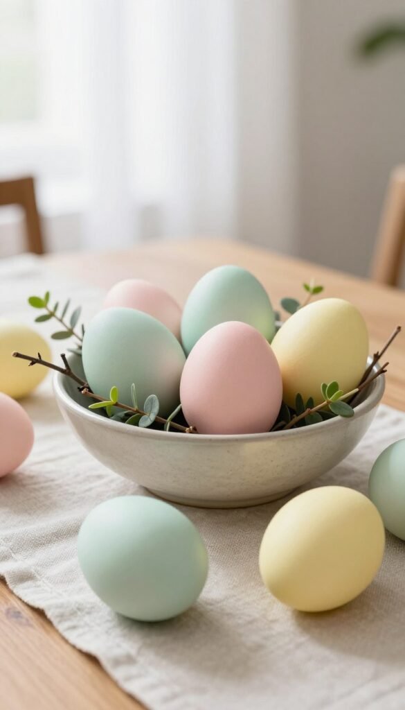 A stylish tabletop arrangement featuring a variety of modern decorative eggs in soft pastel hues like mint green, blush pink, and pale yellow. The eggs should be artfully displayed in a textured ceramic bowl, nestled among elements like fresh greenery and minimalist twigs. The foreground should capture the intricate details of the eggs, showcasing their smooth, glossy surfaces. In the middle, include a light-colored linen table runner to enhance the modern aesthetic. The background should feature a softly blurred bright, airy room with subtle natural light filtering through sheer curtains, creating a warm and inviting atmosphere. This image embodies a modern, understated approach to Easter decor, ideal for contemporary homes. Capture this scene in a realistic, Pinterest-style lifestyle photo for CozyTrendHub.