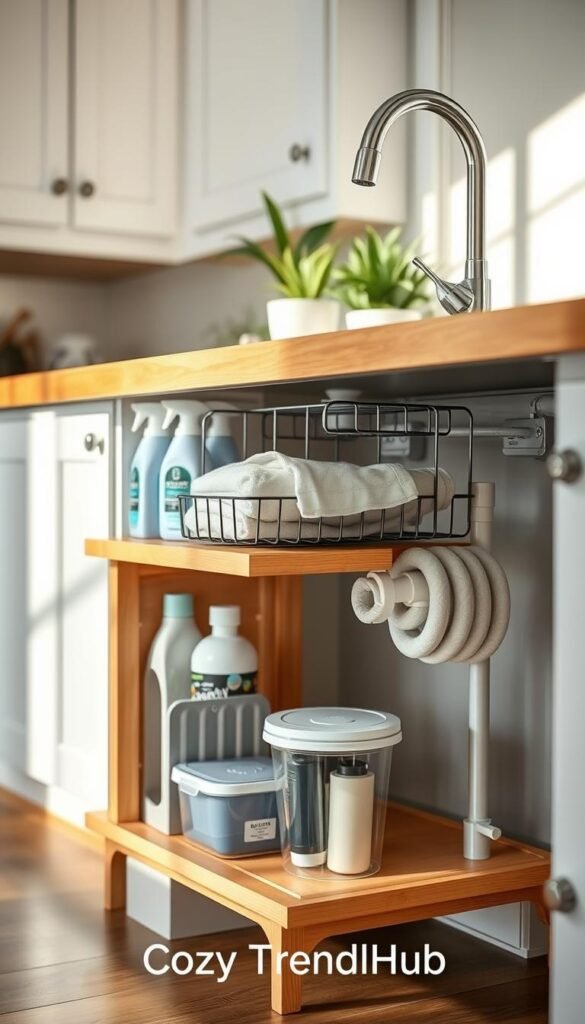 A stylish under-sink organizer in a modern kitchen setting, showcasing a clean and functional design. In the foreground, there’s a multi-tiered wooden shelf with neatly arranged cleaning products, kitchen towels, and storage bins labeled for easy access. The middle layer features a sturdy wire rack that holds flexible plumbing pipes, maximizing space and organization. The background highlights a soft-focus view of white cabinets with subtle green plants on the countertop, enhancing the cozy atmosphere. Warm, natural lighting casts gentle shadows, creating an inviting mood. The perspective is slightly angled to emphasize the depth and efficiency of the organizing solution, ideal for renters. The image reflects the brand "CozyTrendHub" with a trendy, homey feel. A stylish under-sink organizer in a modern kitchen setting, showcasing a clean and functional design. In the foreground, there’s a multi-tiered wooden shelf with neatly arranged cleaning products, kitchen towels, and storage bins labeled for easy access. The middle layer features a sturdy wire rack that holds flexible plumbing pipes, maximizing space and organization. The background highlights a soft-focus view of white cabinets with subtle green plants on the countertop, enhancing the cozy atmosphere. Warm, natural lighting casts gentle shadows, creating an inviting mood. The perspective is slightly angled to emphasize the depth and efficiency of the organizing solution, ideal for renters. The image reflects the brand "CozyTrendHub" with a trendy, homey feel.